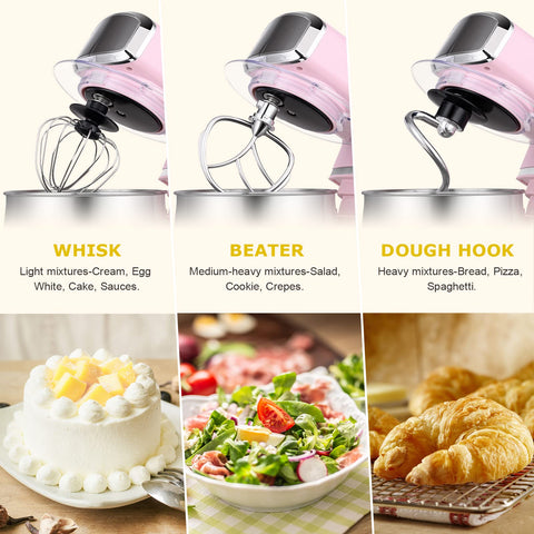Kitchen in the Box pink stand mixer offers six speeds for different batters.