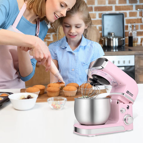 Kitchen in the Box pink stand mixer with anti-slip suction cups for stability.
