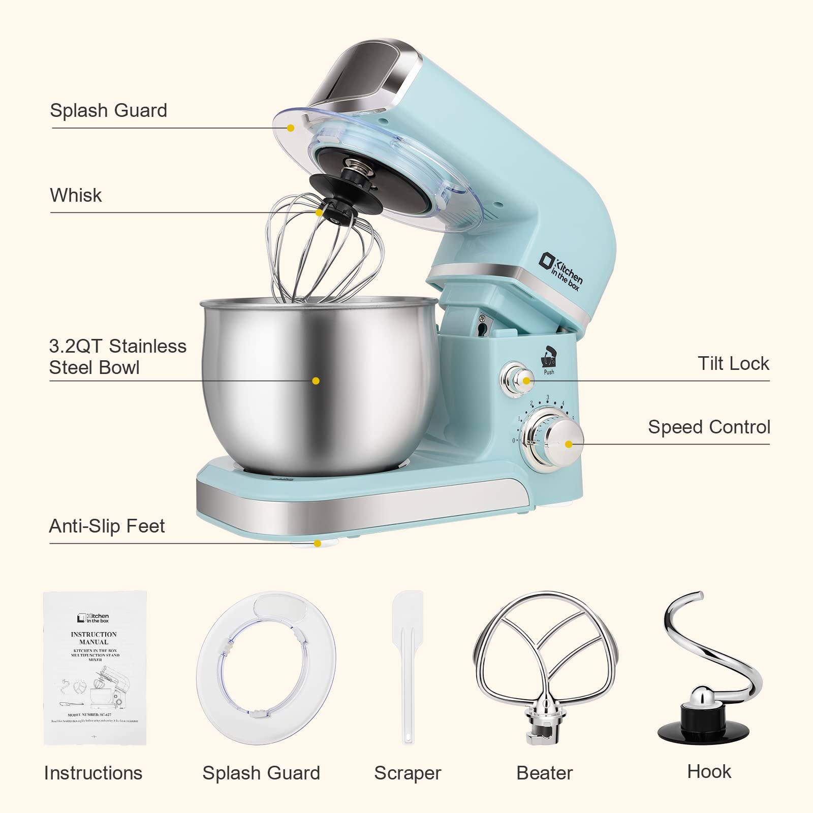 Kitchen in the box blue mixer attachments ready for dough, batter, and whipping.