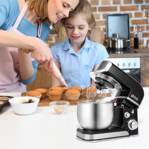 Aluminum dough hook and stainless whisk attach quickly and cleanly