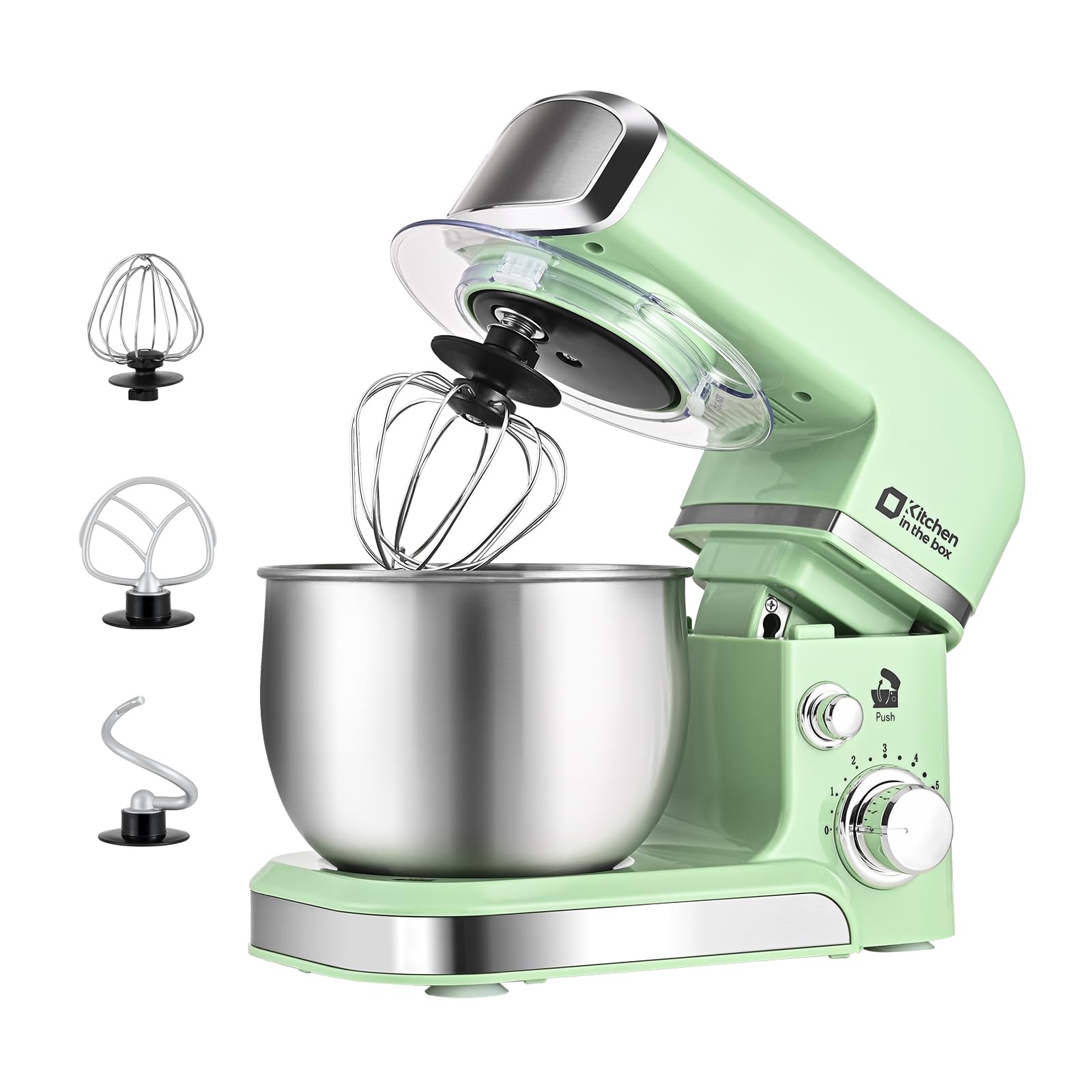 Kitchen in the box stand mixer in green, compact design ideal for small kitchens and apartments.