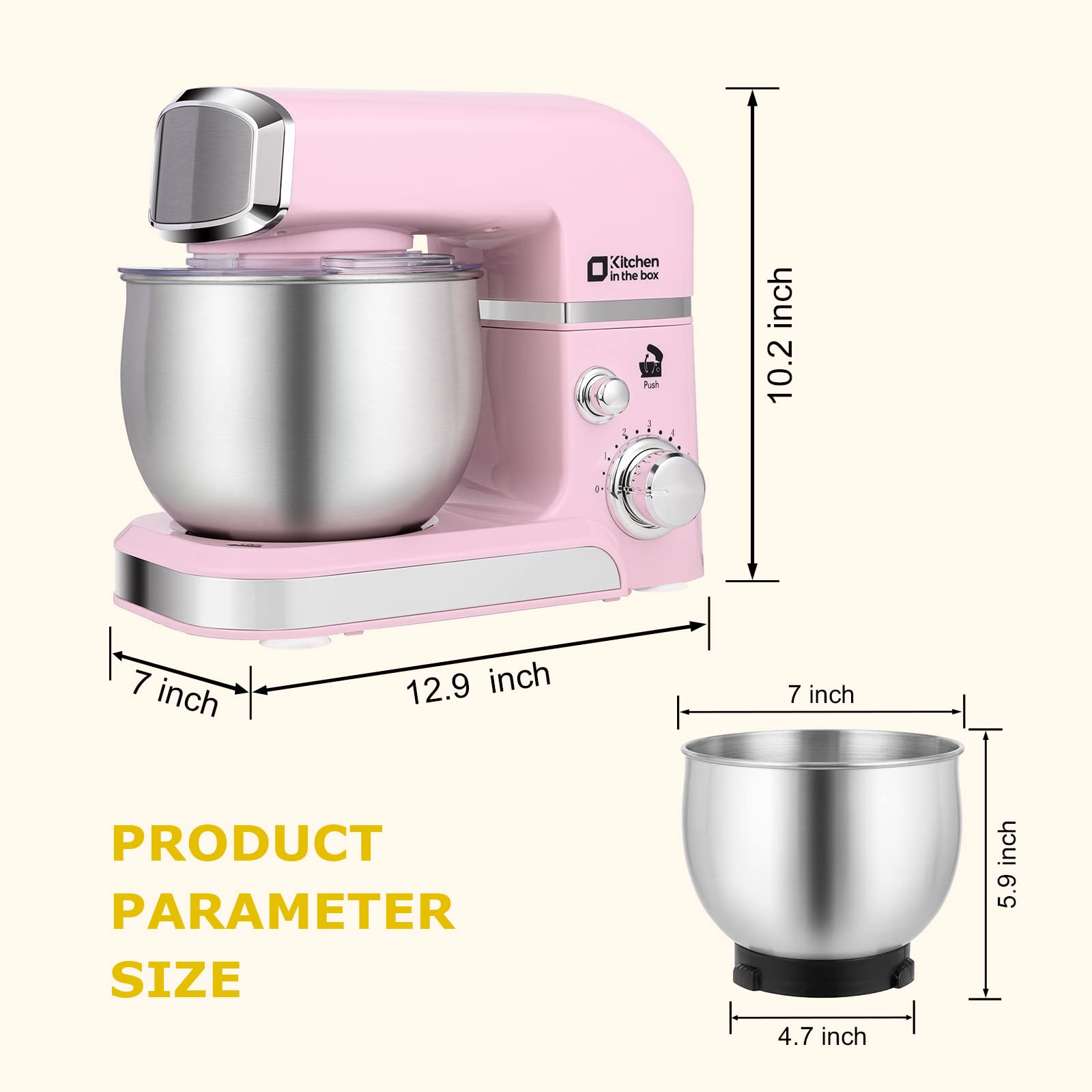 Kitchen in the Box pink stand mixer with bowl and attachments, versatile baking.