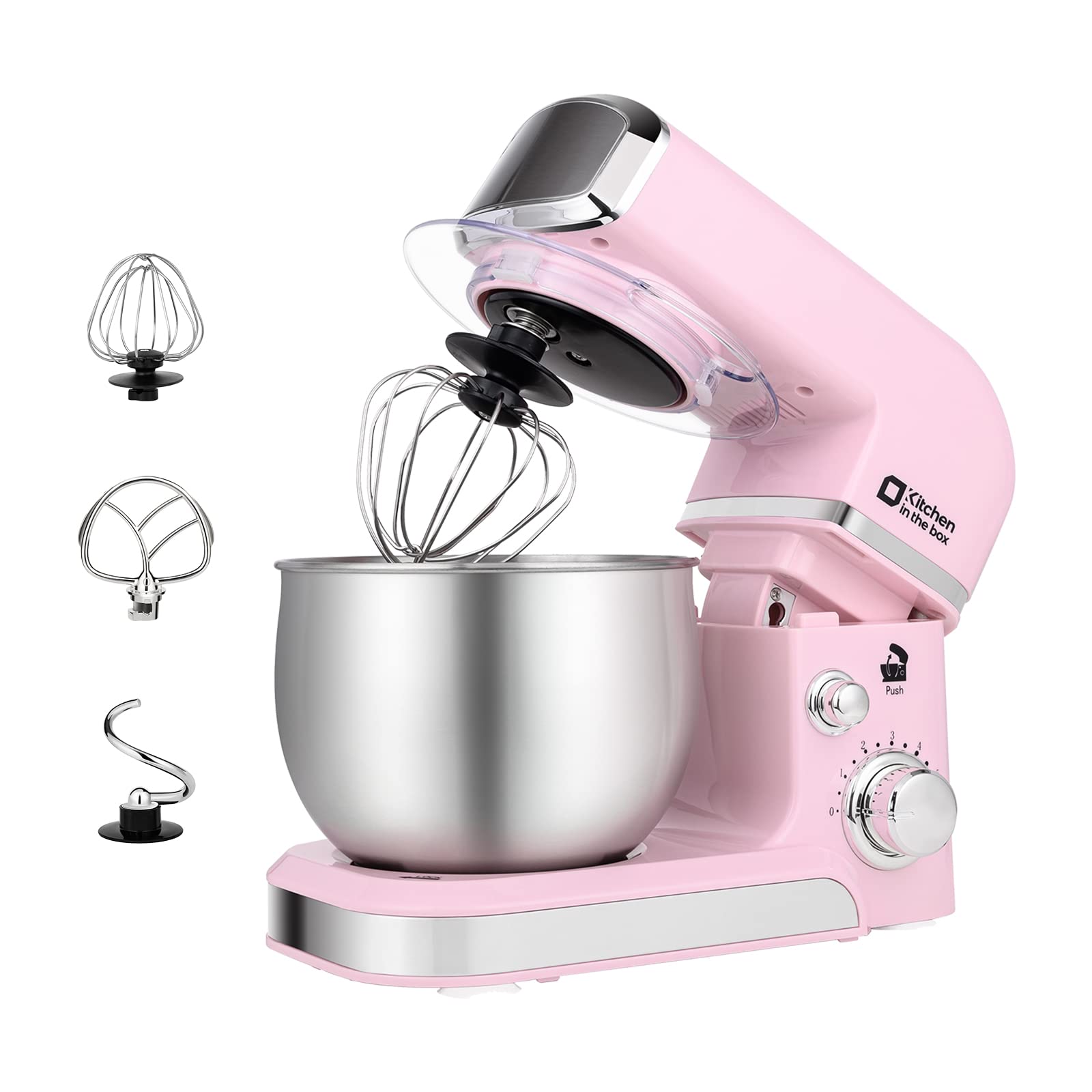 Kitchen in the Box pink stand mixer side view, compact for small kitchens.