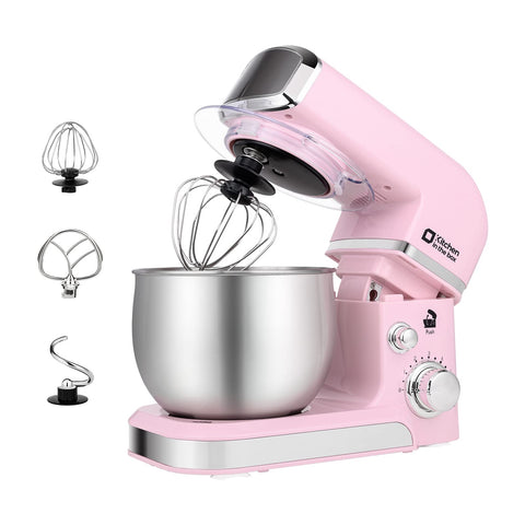 Kitchen in the Box pink stand mixer side view, compact for small kitchens.