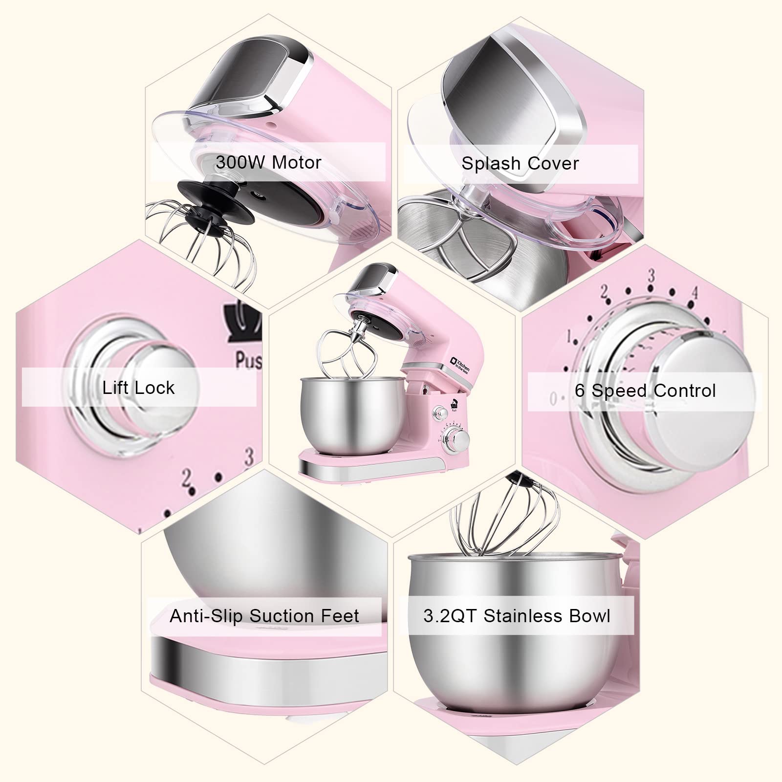 Kitchen in the Box pink stand mixer with splash lid and gasket to minimize mess.