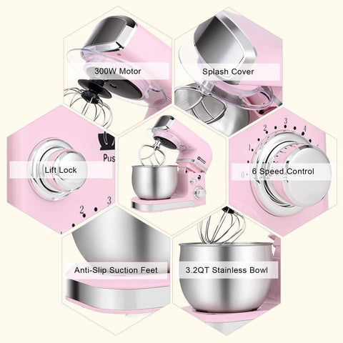 Kitchen in the Box pink stand mixer with splash lid and gasket to minimize mess.