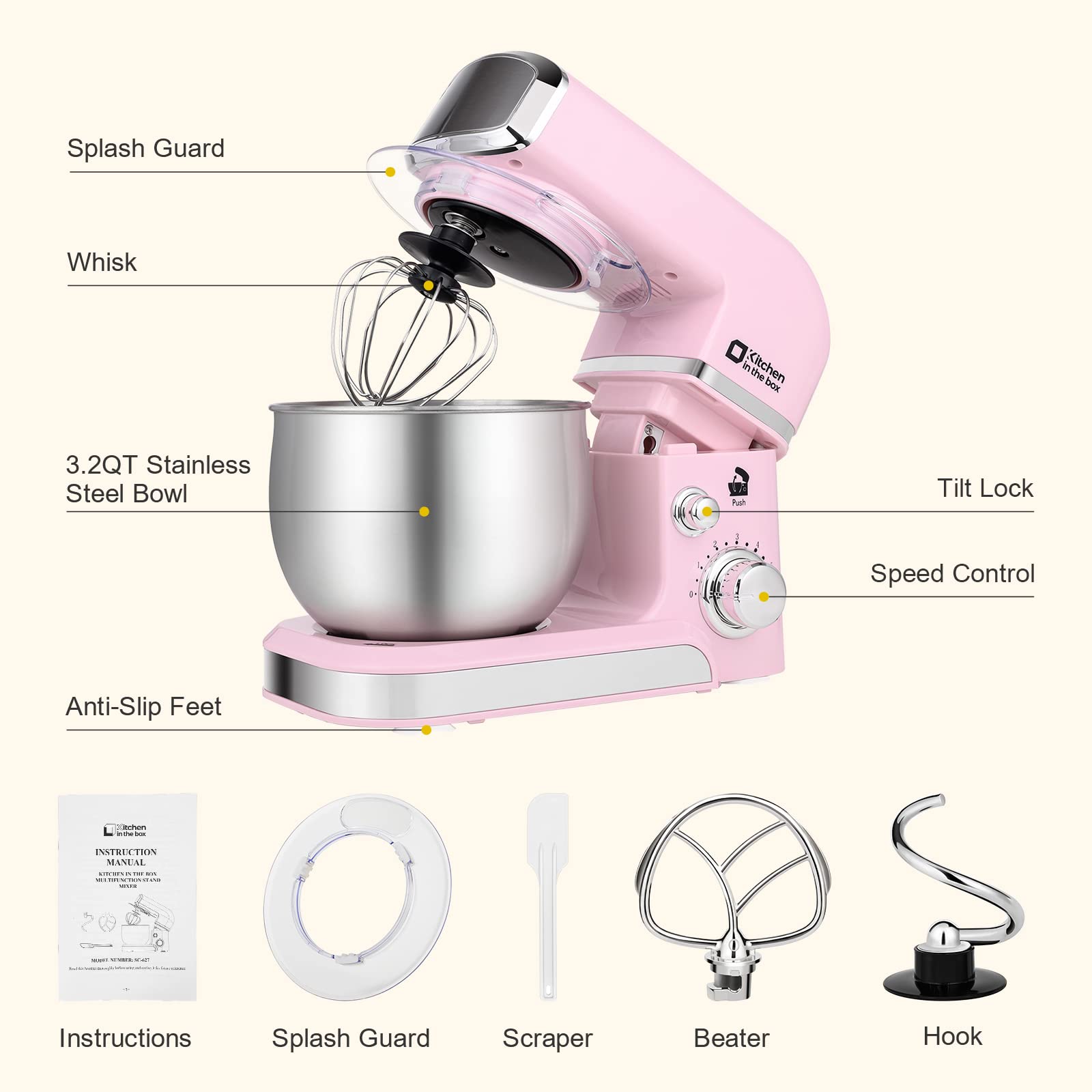 Kitchen in the Box pink stand mixer tilt-head design for easy changes.