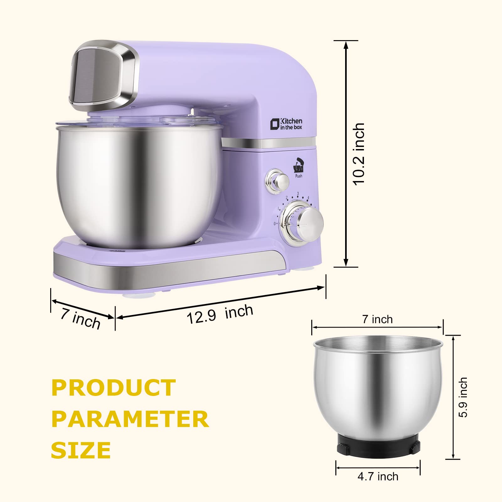 Kitchen in the Box stand mixer with tilt-head: easy access for bowl and attachment changes.