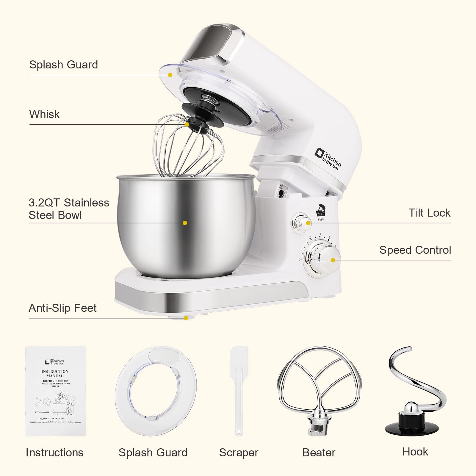 Kitchen in the box stand mixer tilt-head for easy bowl access