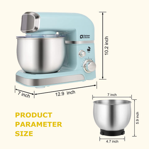 Kitchen in the box tilt head blue mixer for easy bowl access and cleanup.