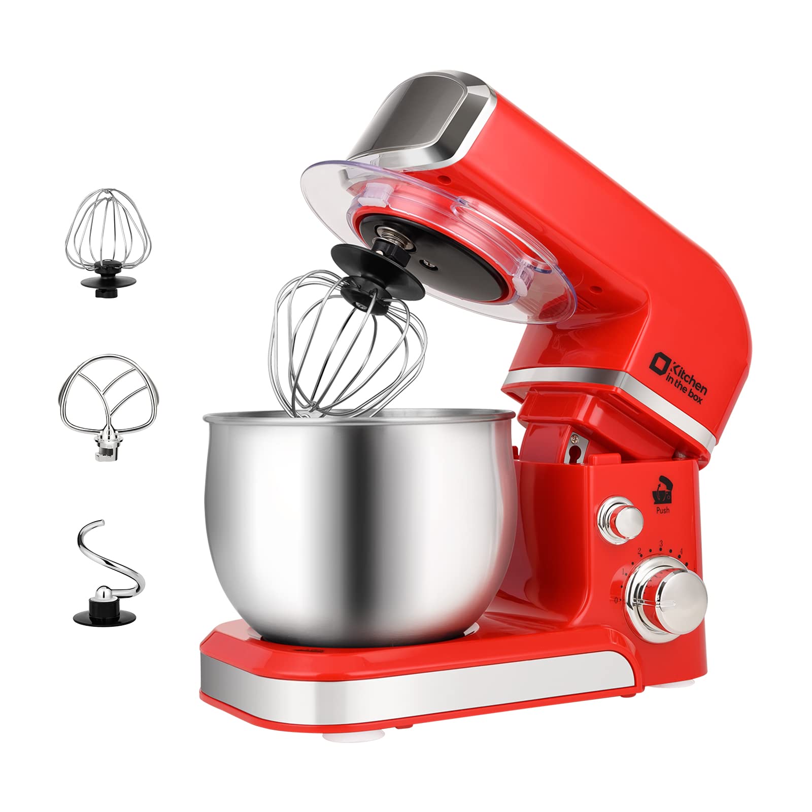Kitchen in the box stand mixer with tilt-head in red for easy bowl access.