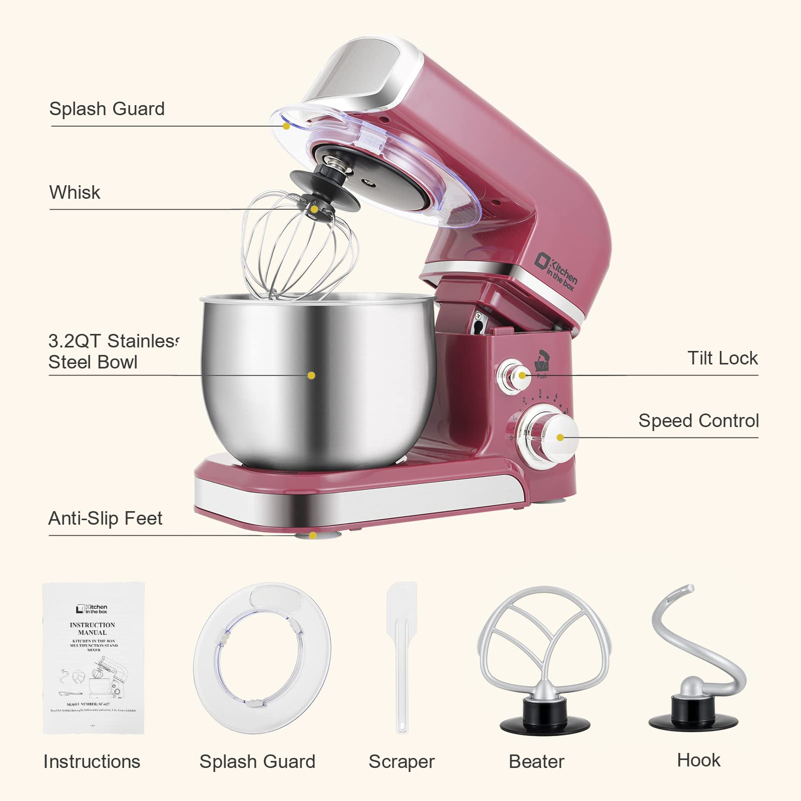 Tilt-head design of Kitchen in the box mixer for easy access to bowl and attachments.