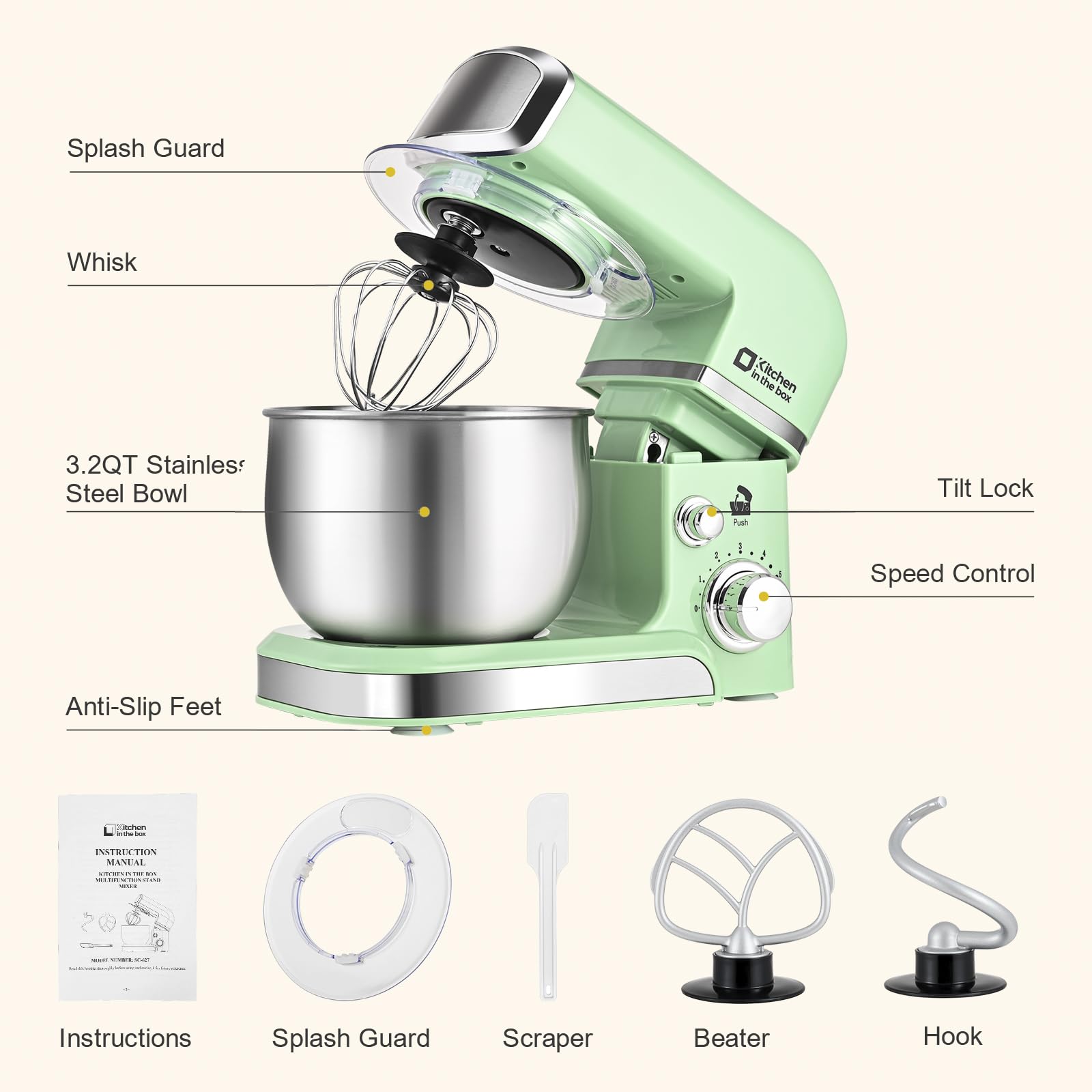 Kitchen in the box tilt-head design provides easy access and quick accessory changes.