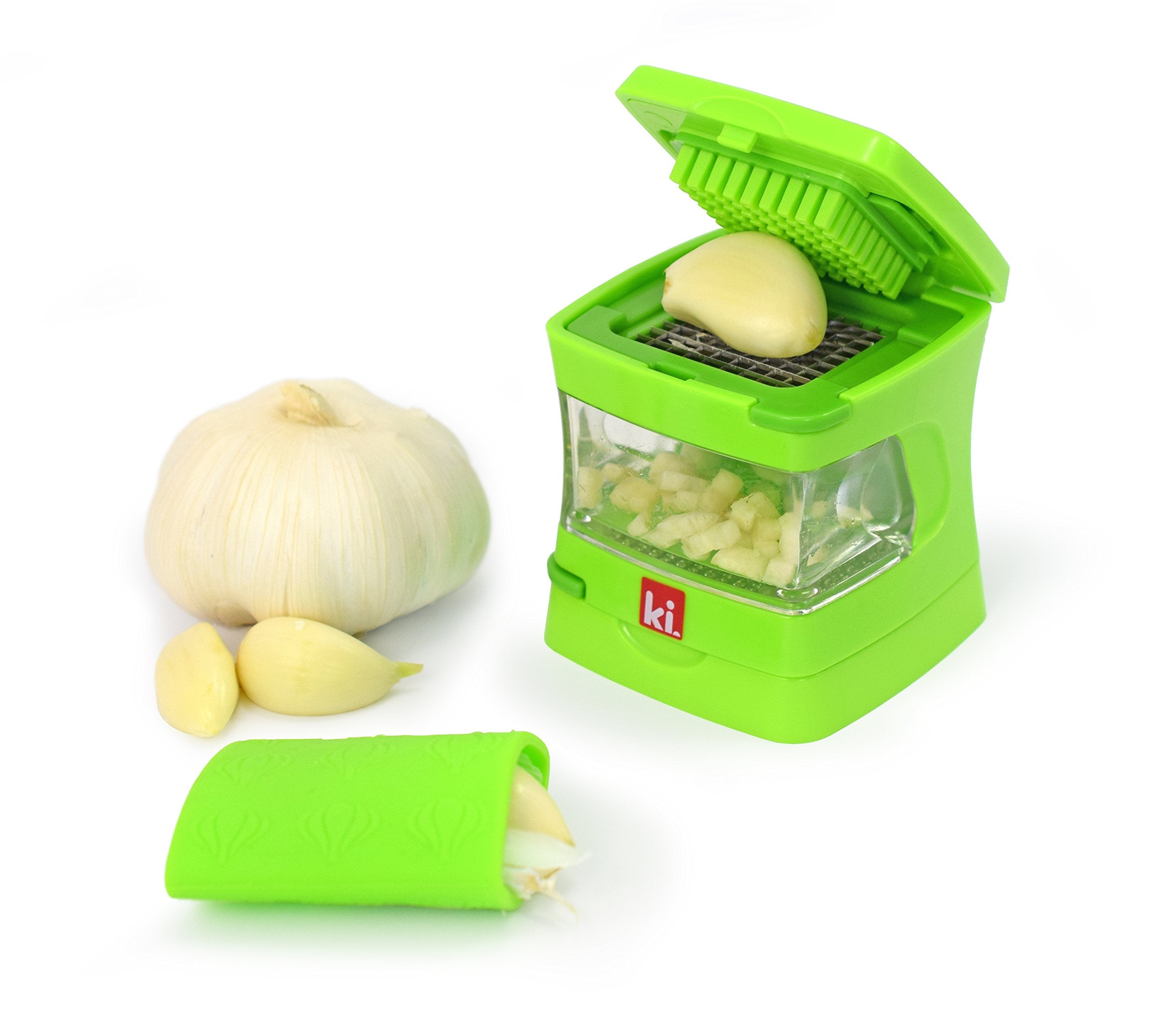 Kitchen Innovations Garlic-A-Peel garlic press showing quick, clean prep