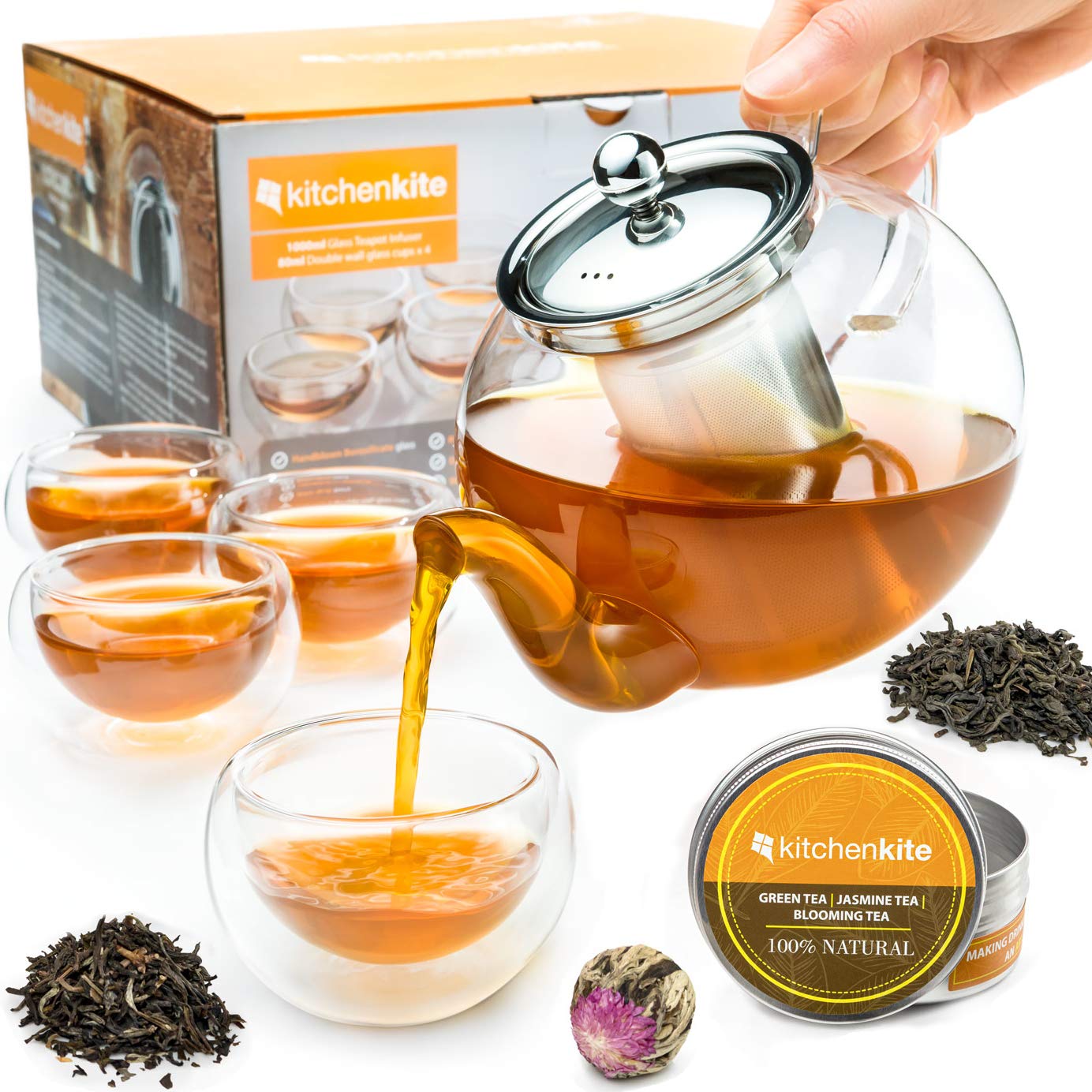 Kitchen Kite glass teapot set, blooming tea display for elegant gatherings.