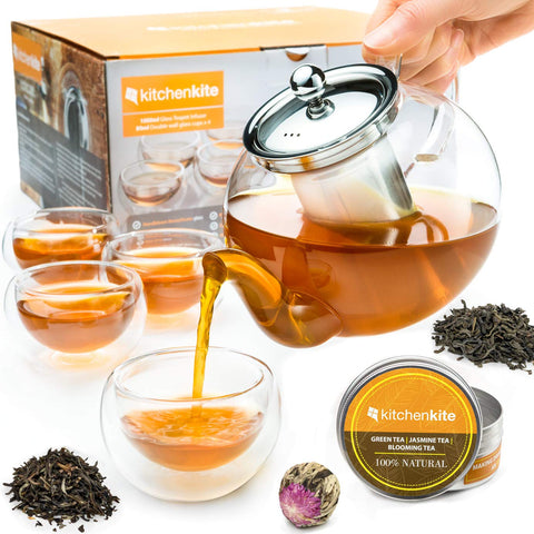 Kitchen Kite glass teapot set, blooming tea display for elegant gatherings.