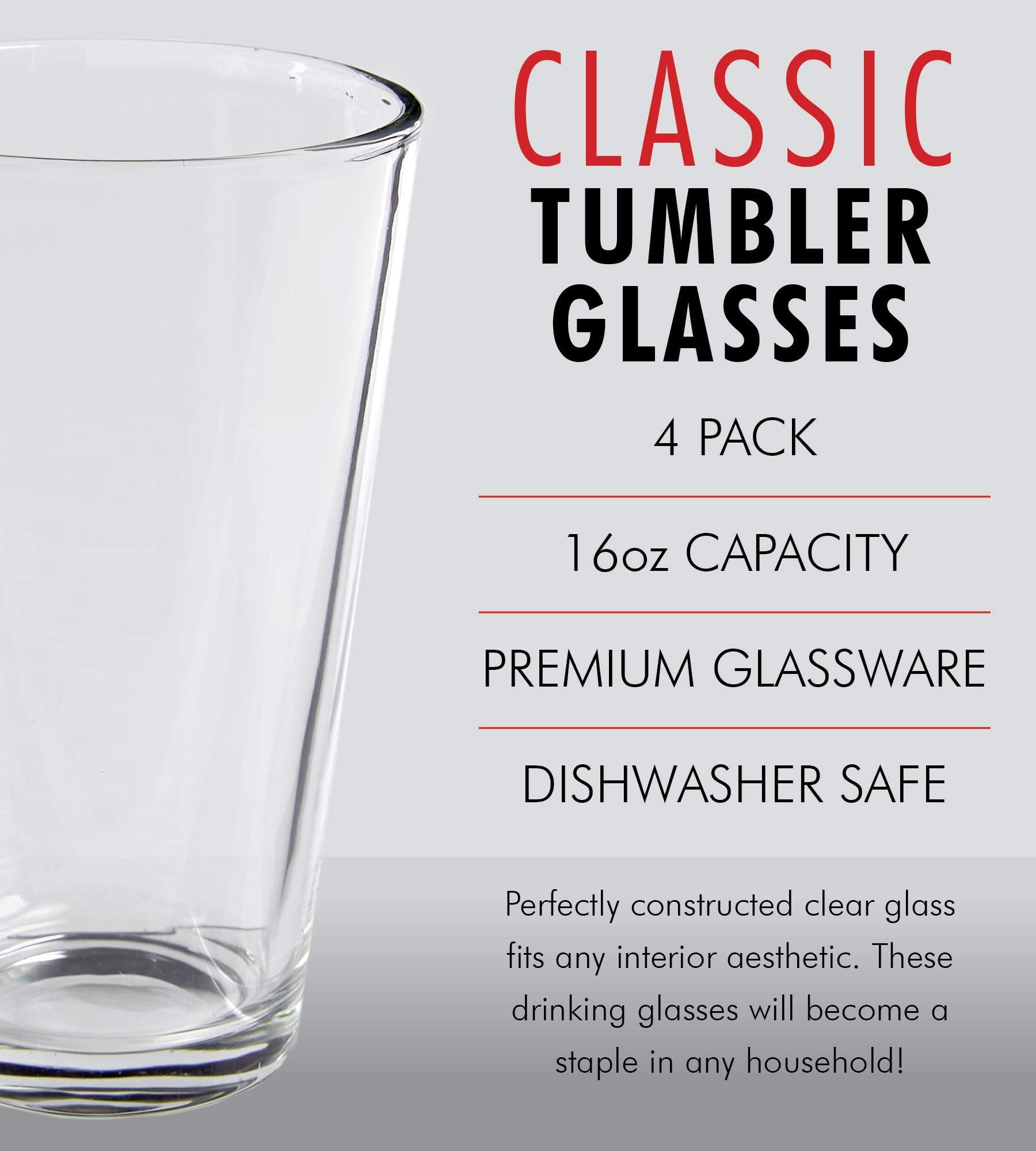 Kitchen Lux pint beer glasses, dishwasher-safe tall clear tumblers for easy cleaning.