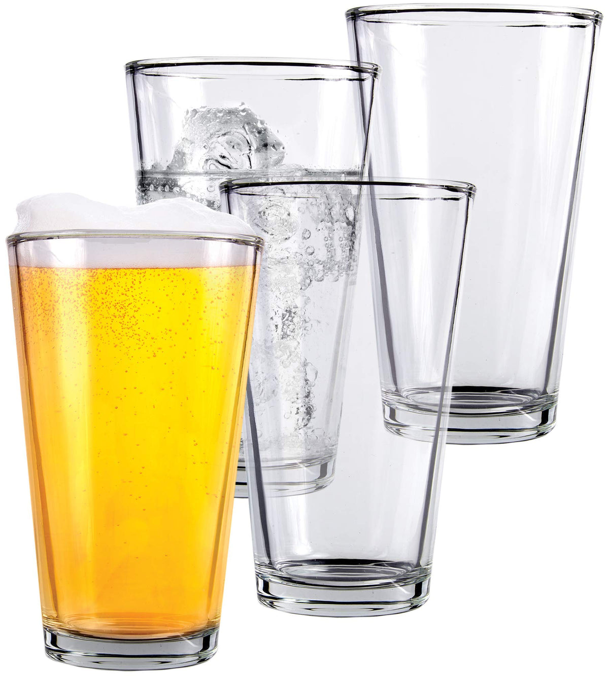 Kitchen Lux pint beer glasses set of 4 front view, tall clear tumblers for beer and cocktails.