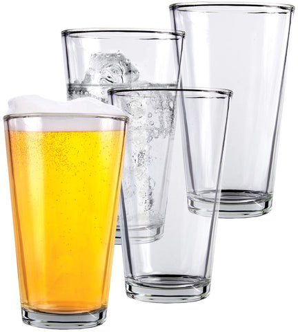 Kitchen Lux pint beer glasses set of 4 front view, tall clear tumblers for beer and cocktails.