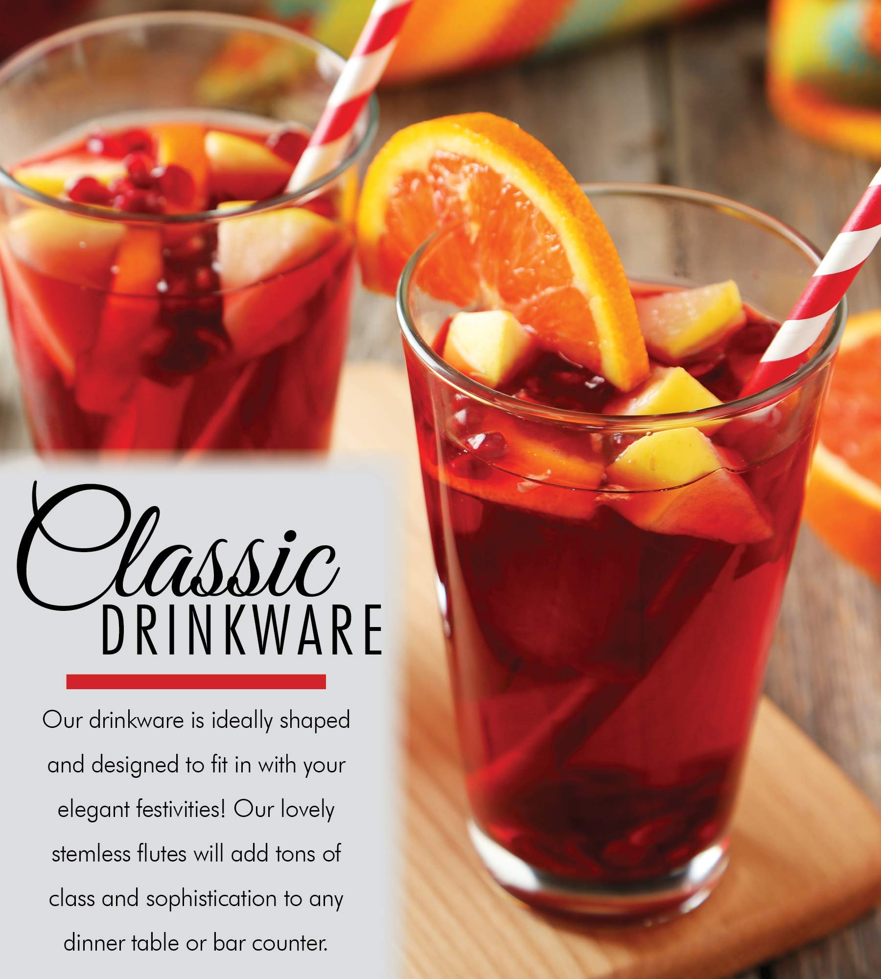 Kitchen Lux tall clear drinking glasses feature elegant versatility for cocktails and water.