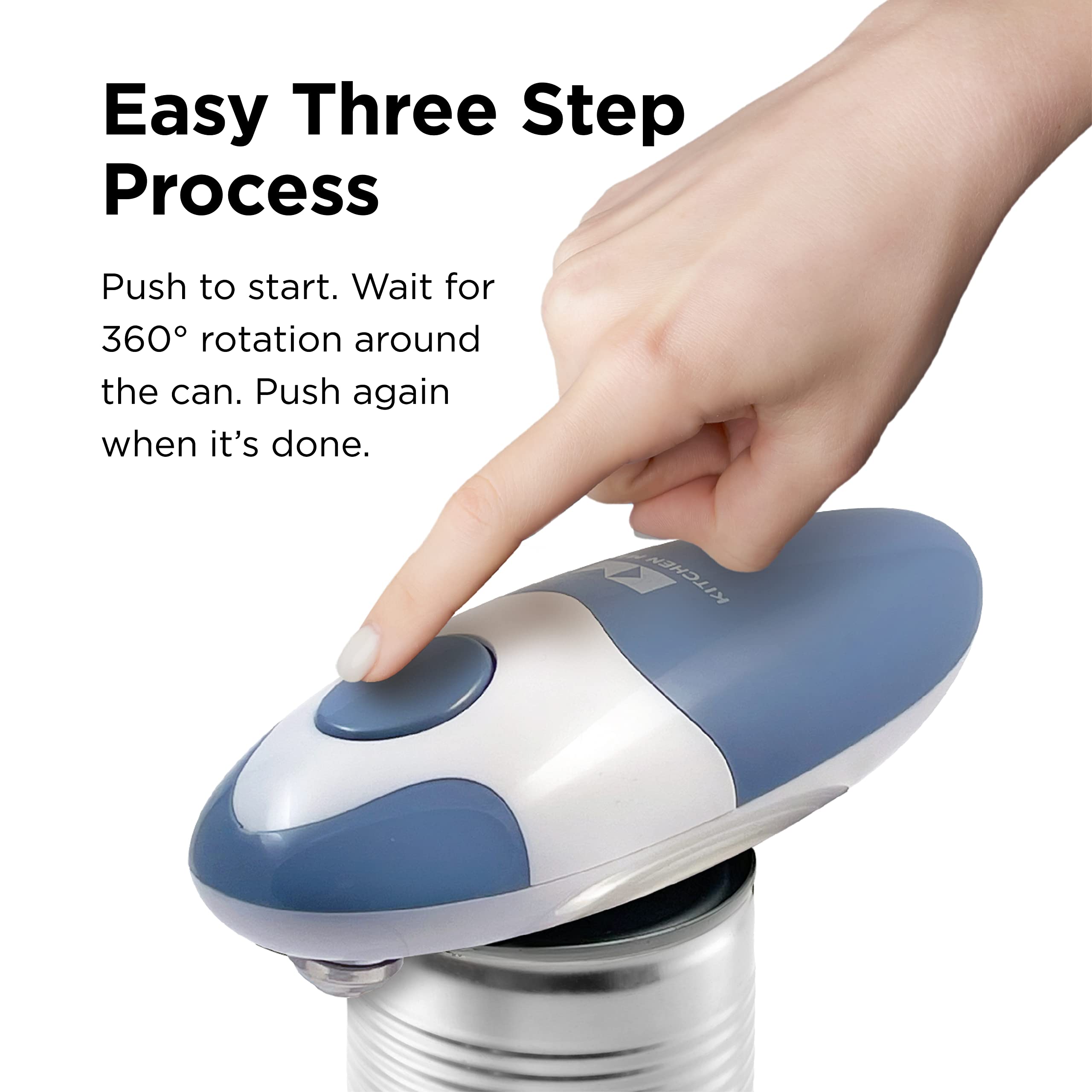 Kitchen Mama Auto 2.0 side-cutting blade opens a can without touching contents.