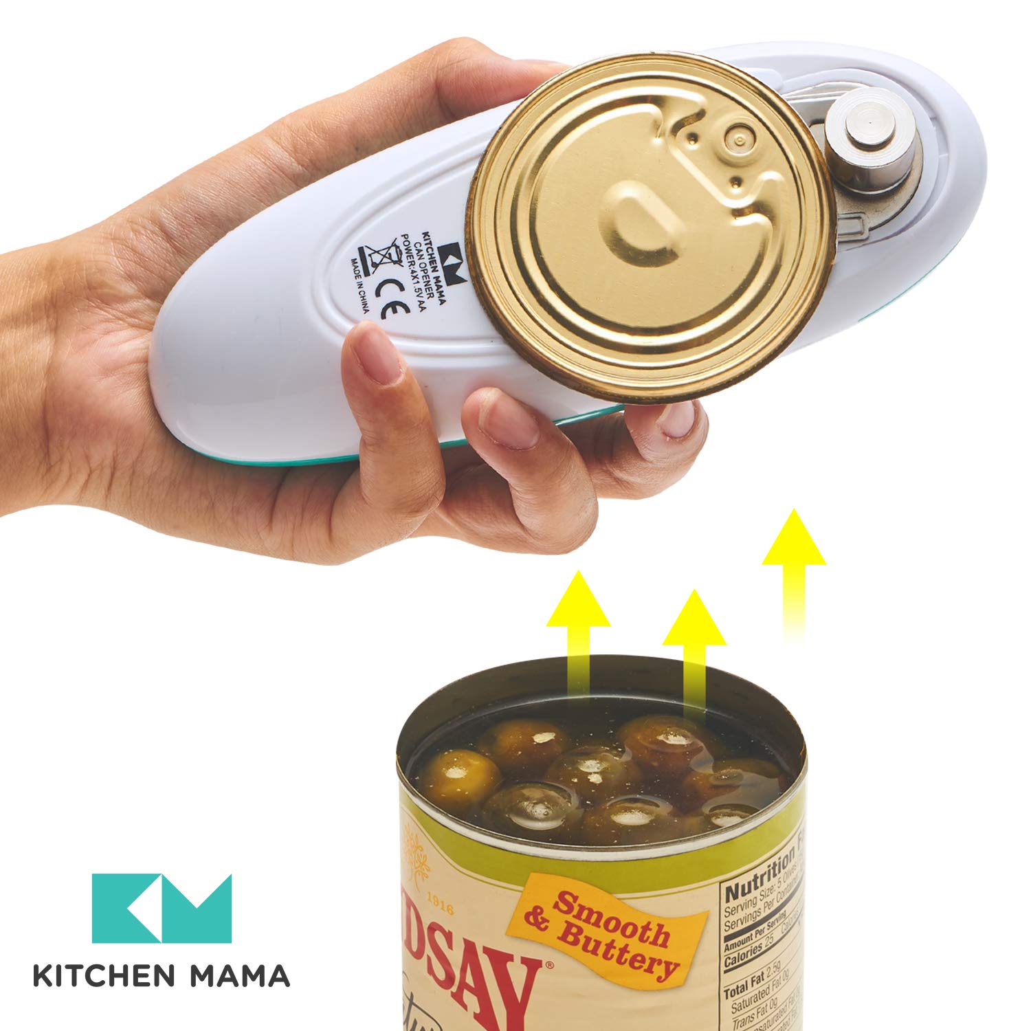 Kitchen Mama teal device powered by four AA batteries for cordless operation.