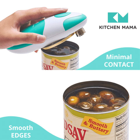 Kitchen Mama teal cordless can opener highlighted as portable for travel and camping.