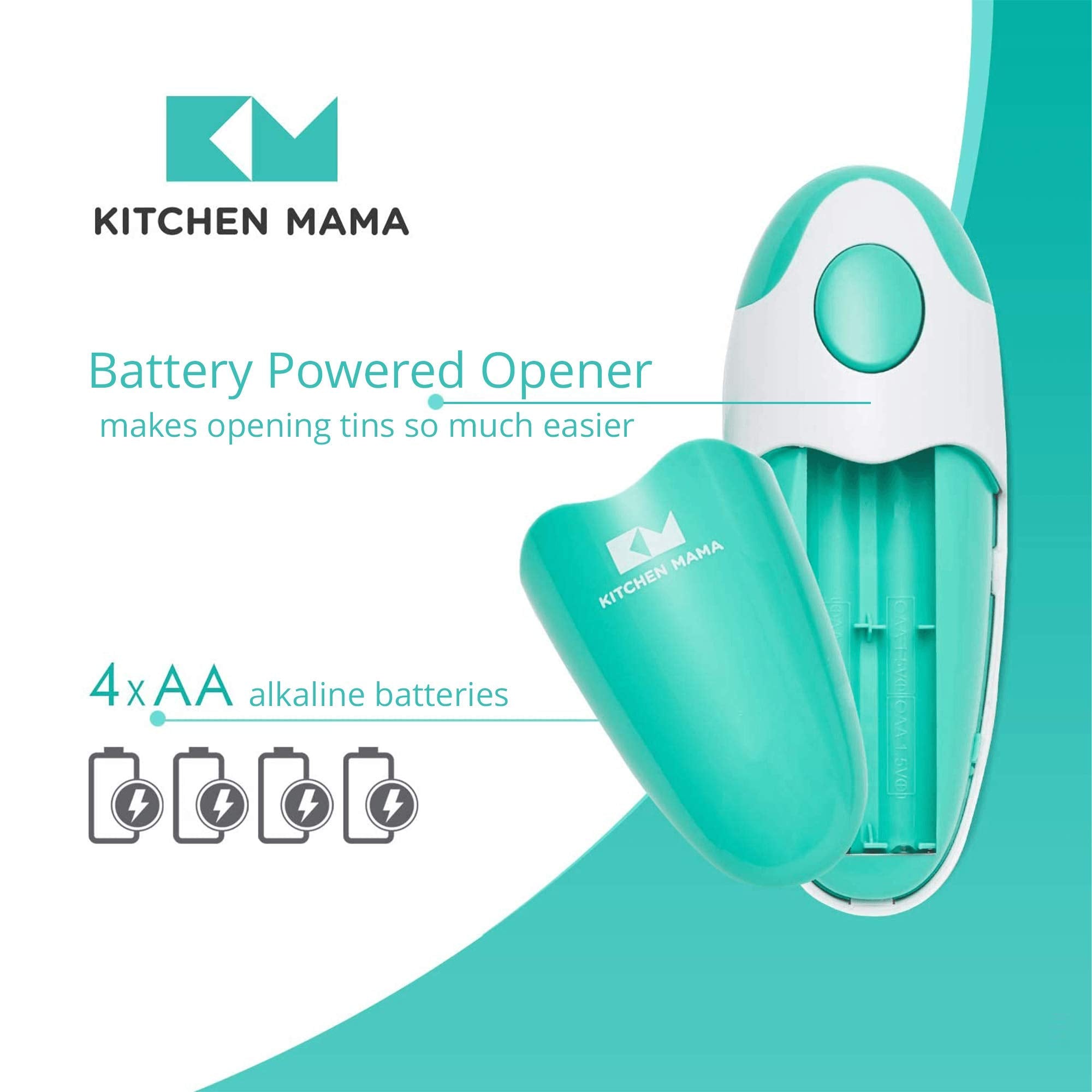 Kitchen Mama teal opener in action opening a can with minimal effort.