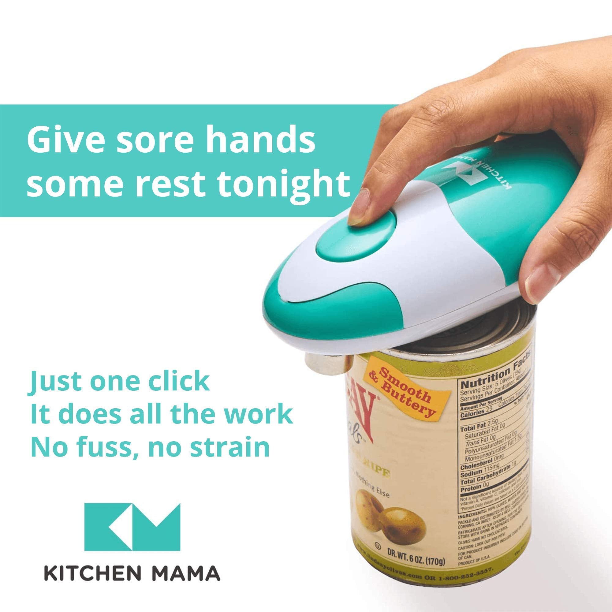 Kitchen Mama teal can opener shows smooth-edge cutting for safer kitchen cans.