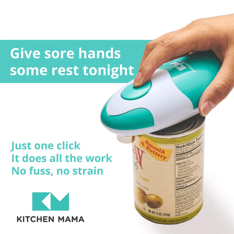 Kitchen Mama teal can opener shows smooth-edge cutting for safer kitchen cans.