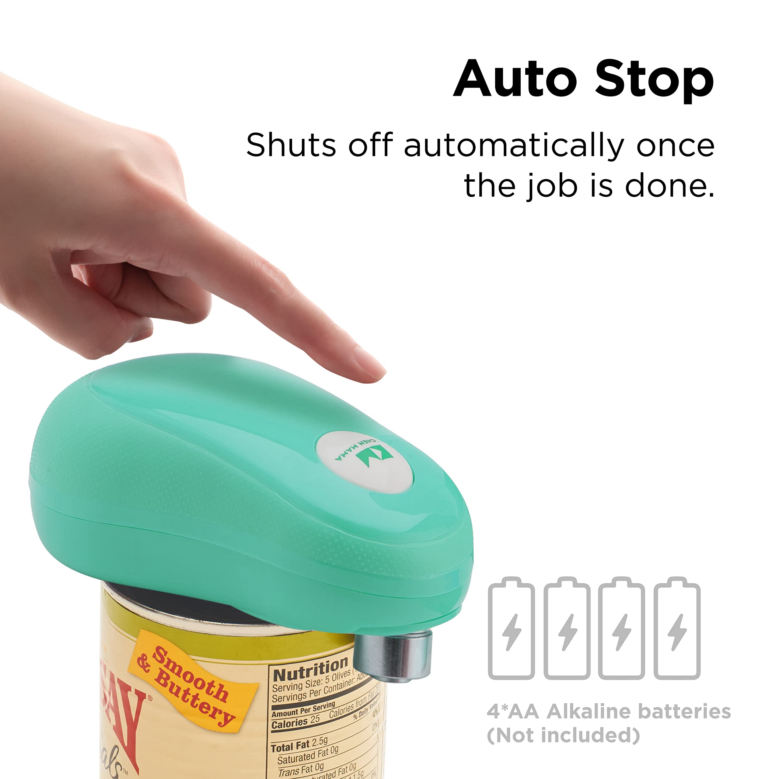 Kitchen Mama auto-stop feature shown during quick can opening.