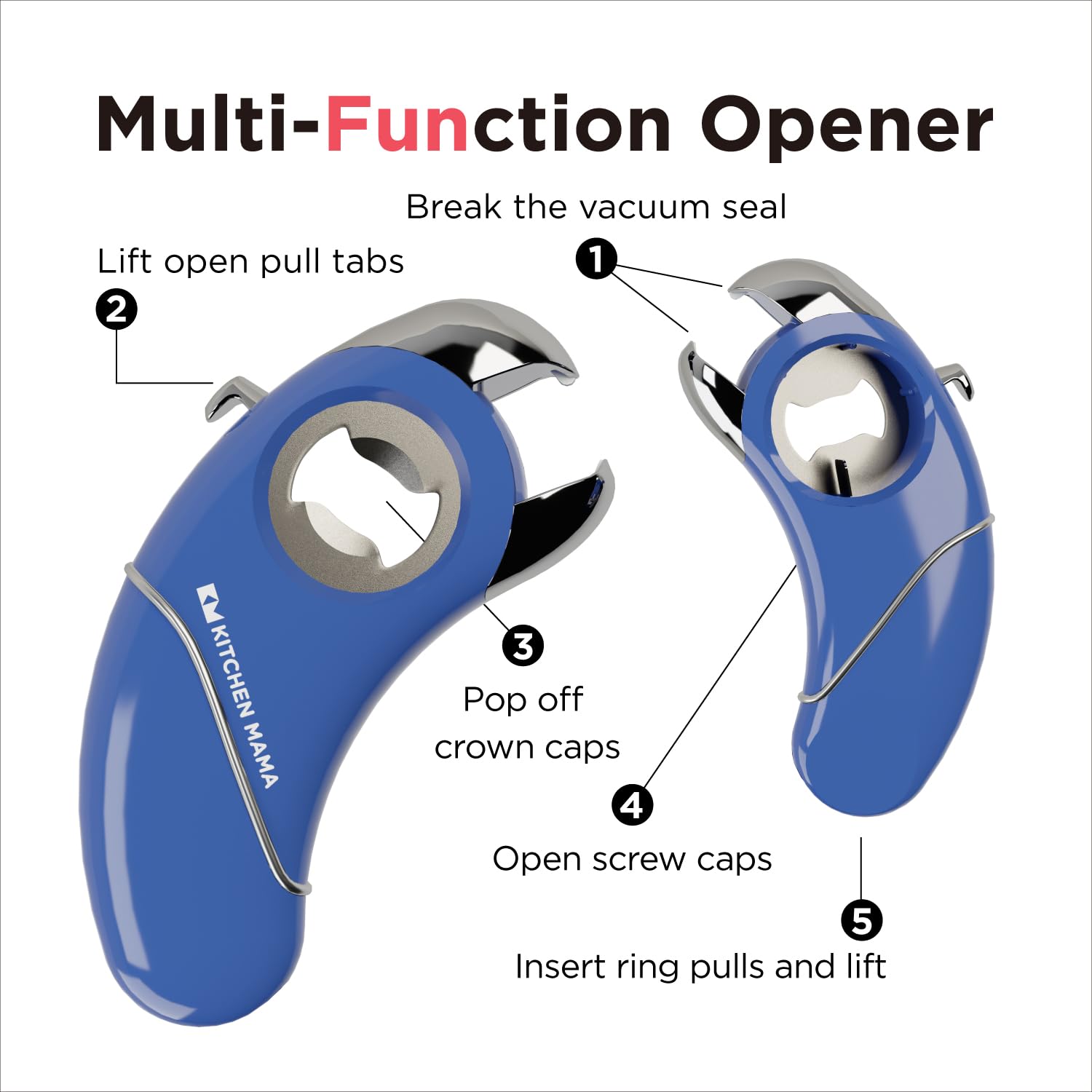Kitchen Mama Epic One opens jar lids with ergonomic leverage for easy access.