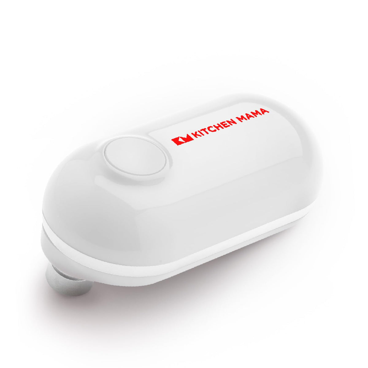 Kitchen Mama Mini electric can opener mostrando su diseño compacto para almacenamiento fácil