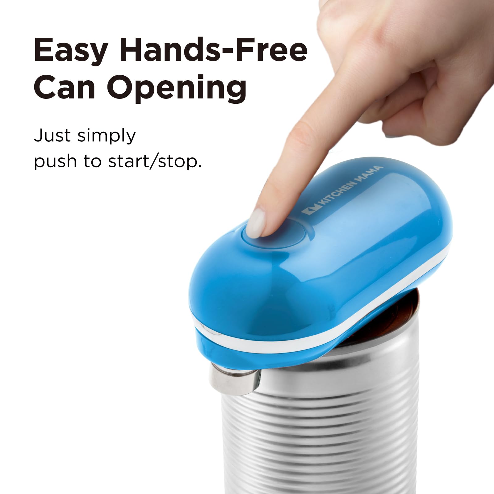 Kitchen Mama Mini electric can opener demonstrates hands-free operation for effortless can opening.
