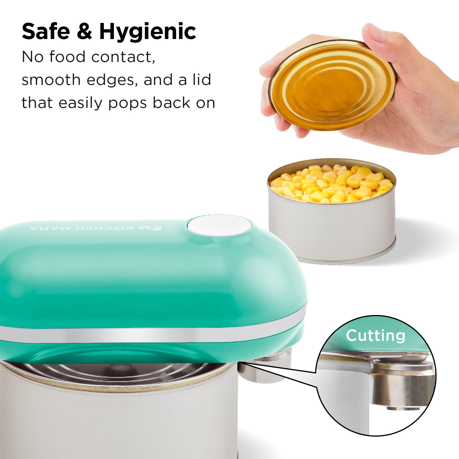Kitchen Mama Mini Plus side-cutting blades deliver smooth, safe can edges.