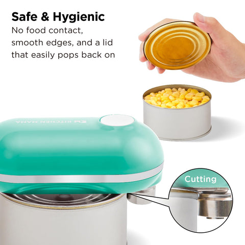 Kitchen Mama Mini Plus side-cutting blades deliver smooth, safe can edges.