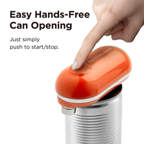 Kitchen Mama Mini two-press operation demonstrates easy can opening.