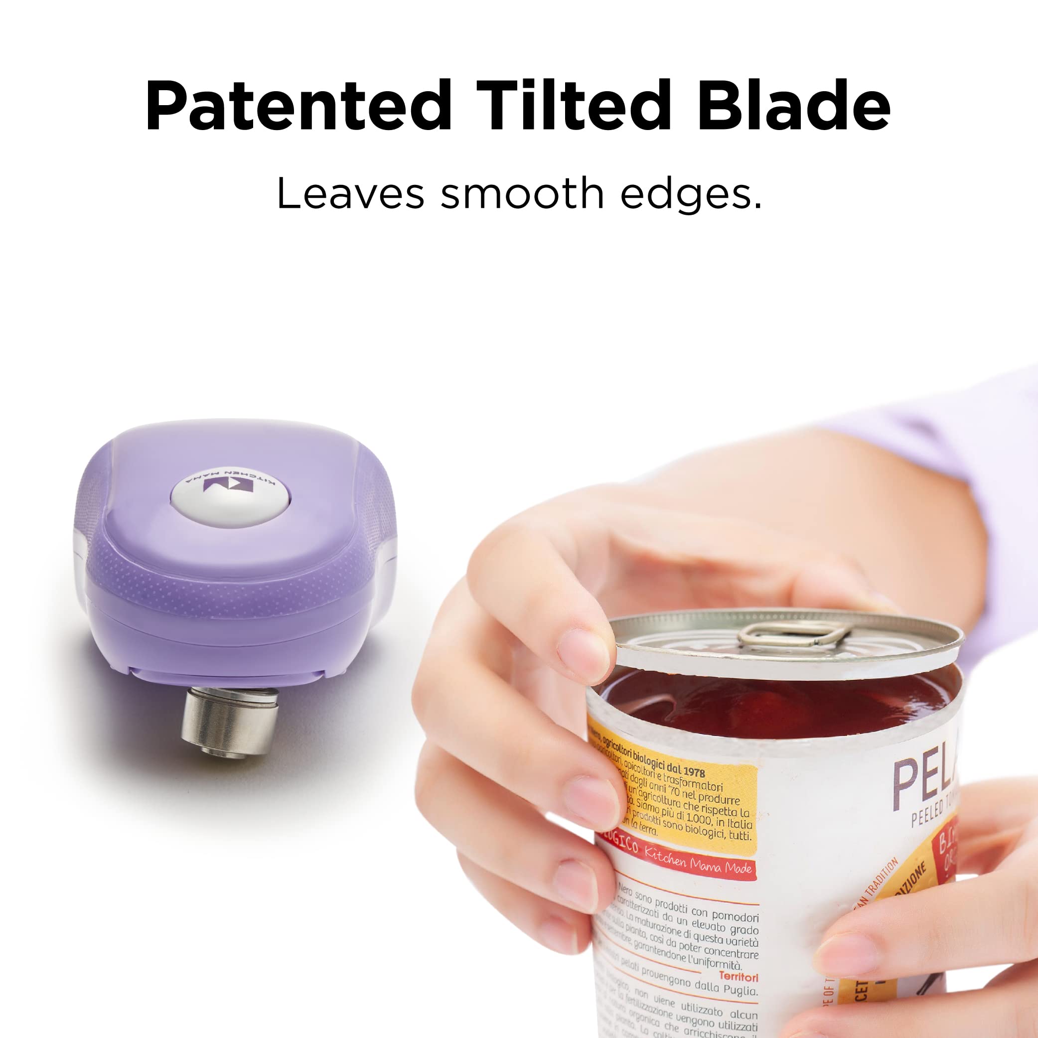 Kitchen Mama One-Touch Purple Opener shows side-cut blade with smooth edge.