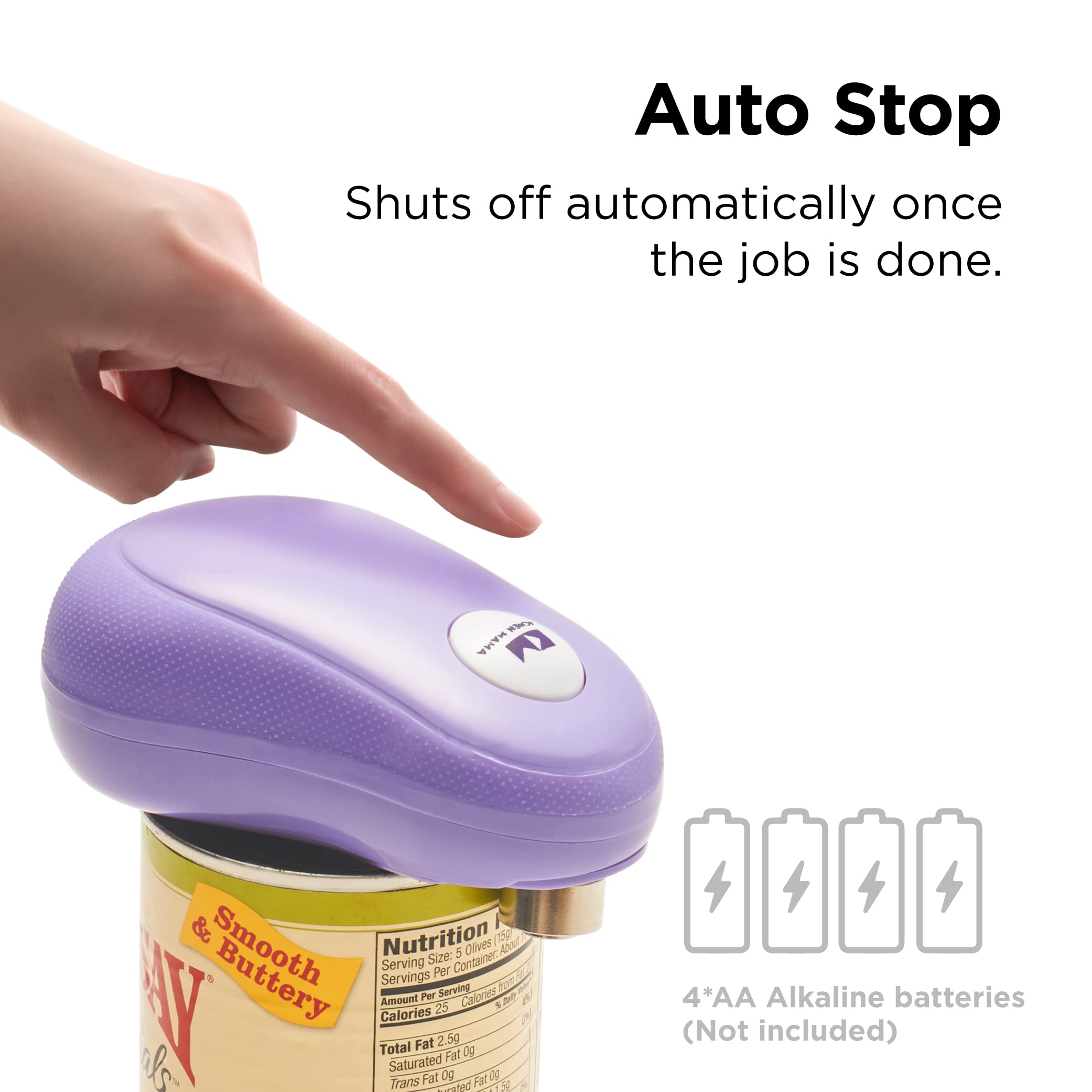 Kitchen Mama One-Touch Purple Opener in use with press for hands-free opening.