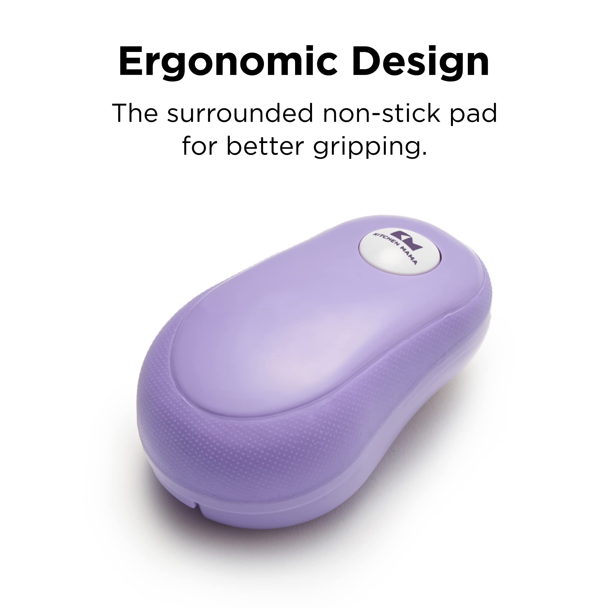 Kitchen Mama One-Touch Purple Opener with auto-stop and no sharp edges.