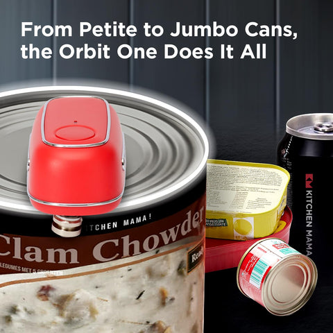 Kitchen Mama Orbit One automatic stop ensures safe, precise openings every time.