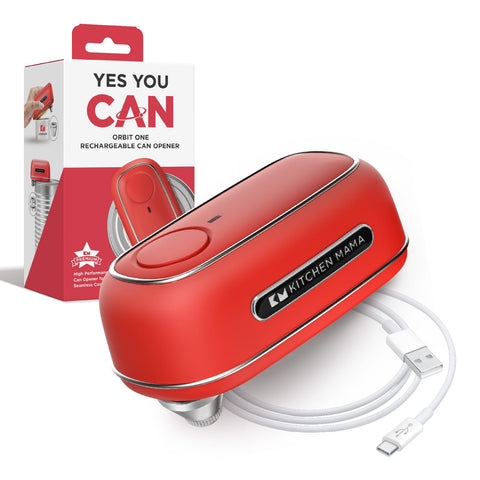 Kitchen Mama Orbit One rechargeable can opener in red front view demonstrates smooth edge safety.
