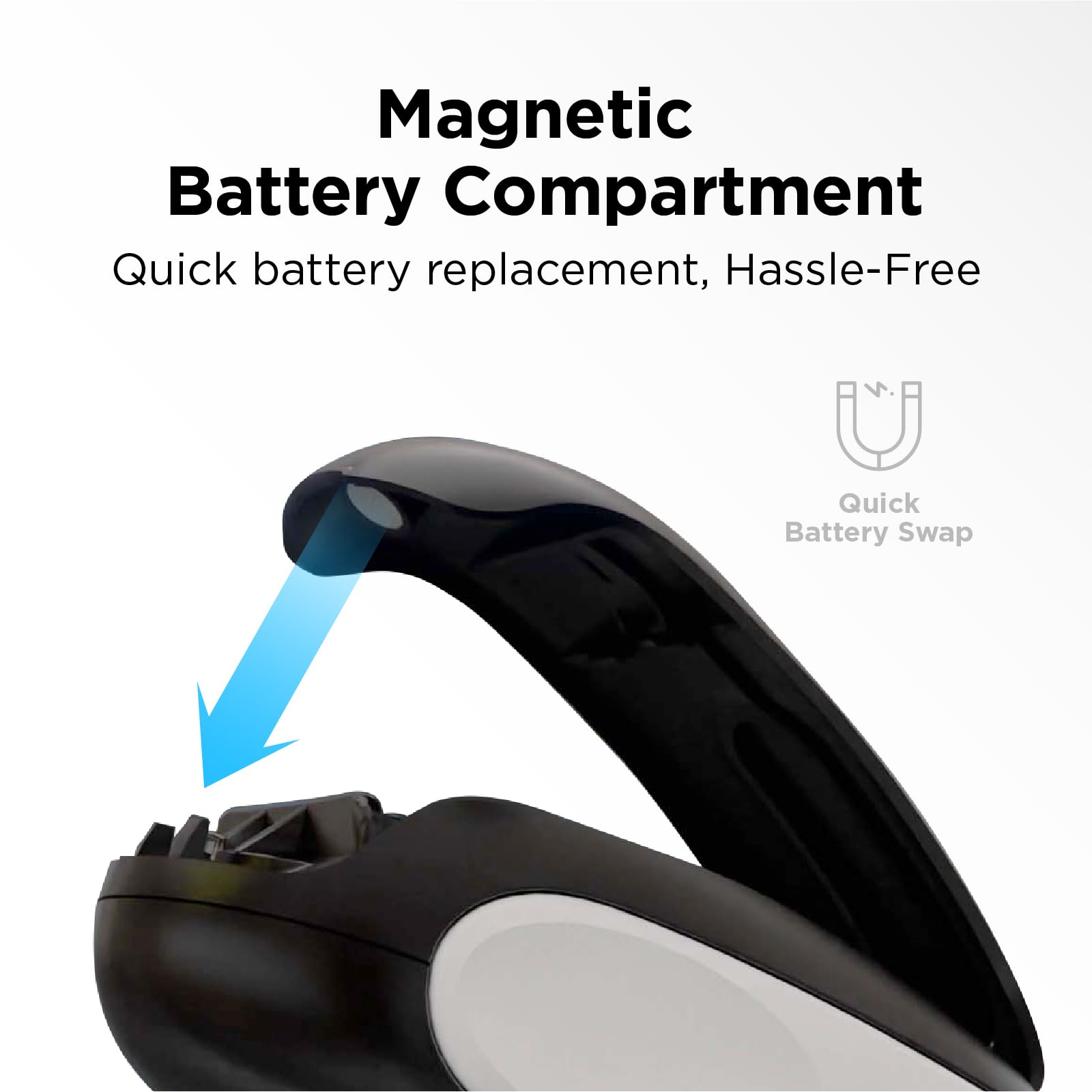 Ergonomic, cordless design with magnetic battery compartment eases on-the-go use.