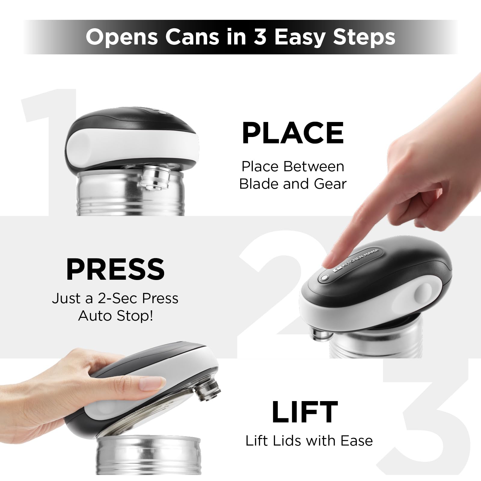 Tilted blade creates safe, smooth edges while preserving can contents.