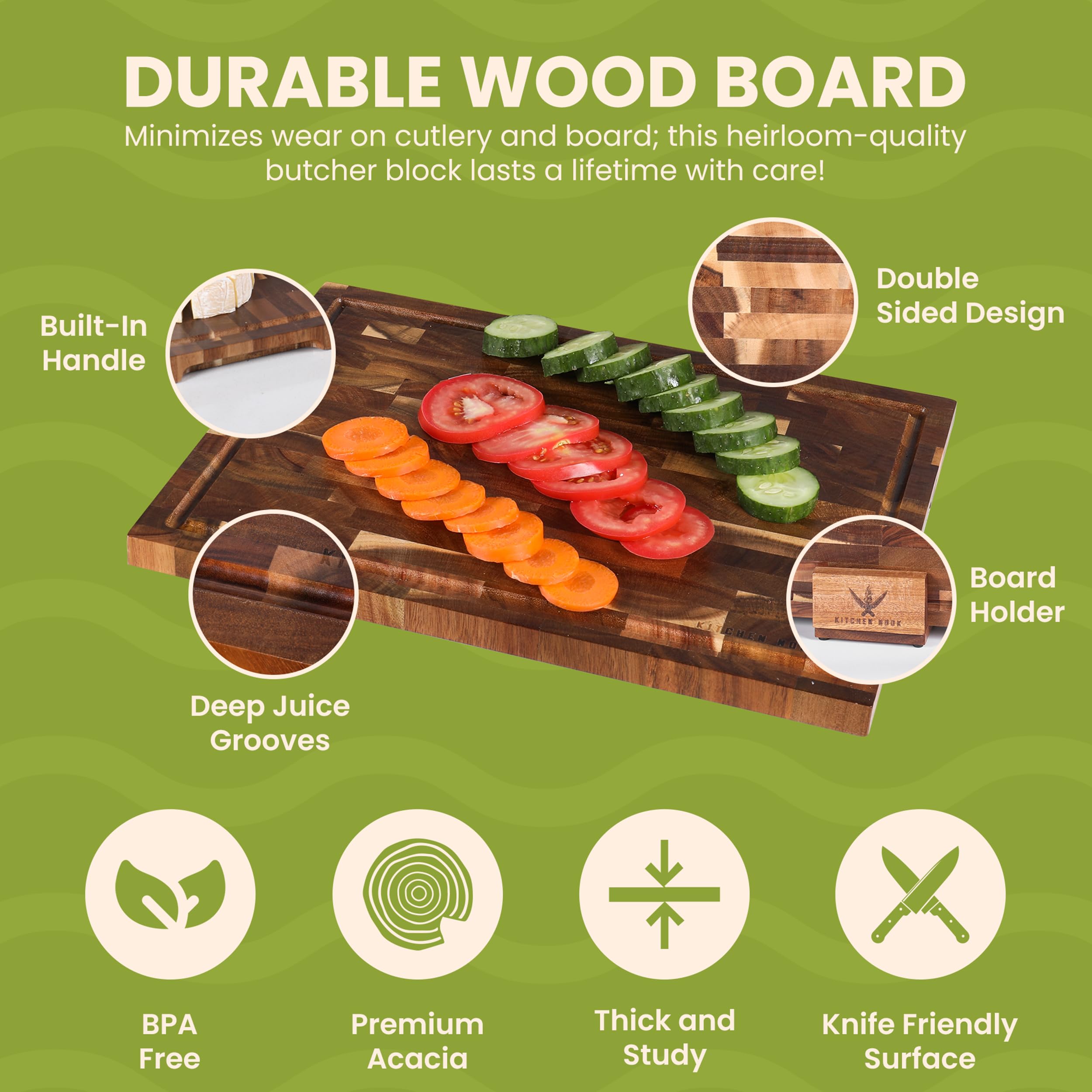 Kitchen Nook acacia cutting board featuring built-in handles for easy lifting.