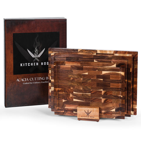 Kitchen Nook acacia cutting board set with holder for organized prep and easy access.