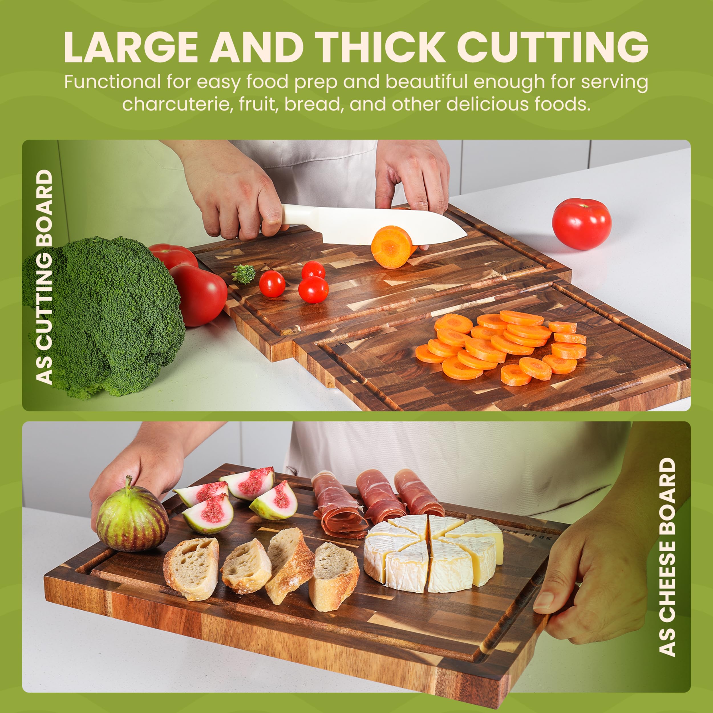 Kitchen Nook acacia cutting board with juice grooves to contain liquids.