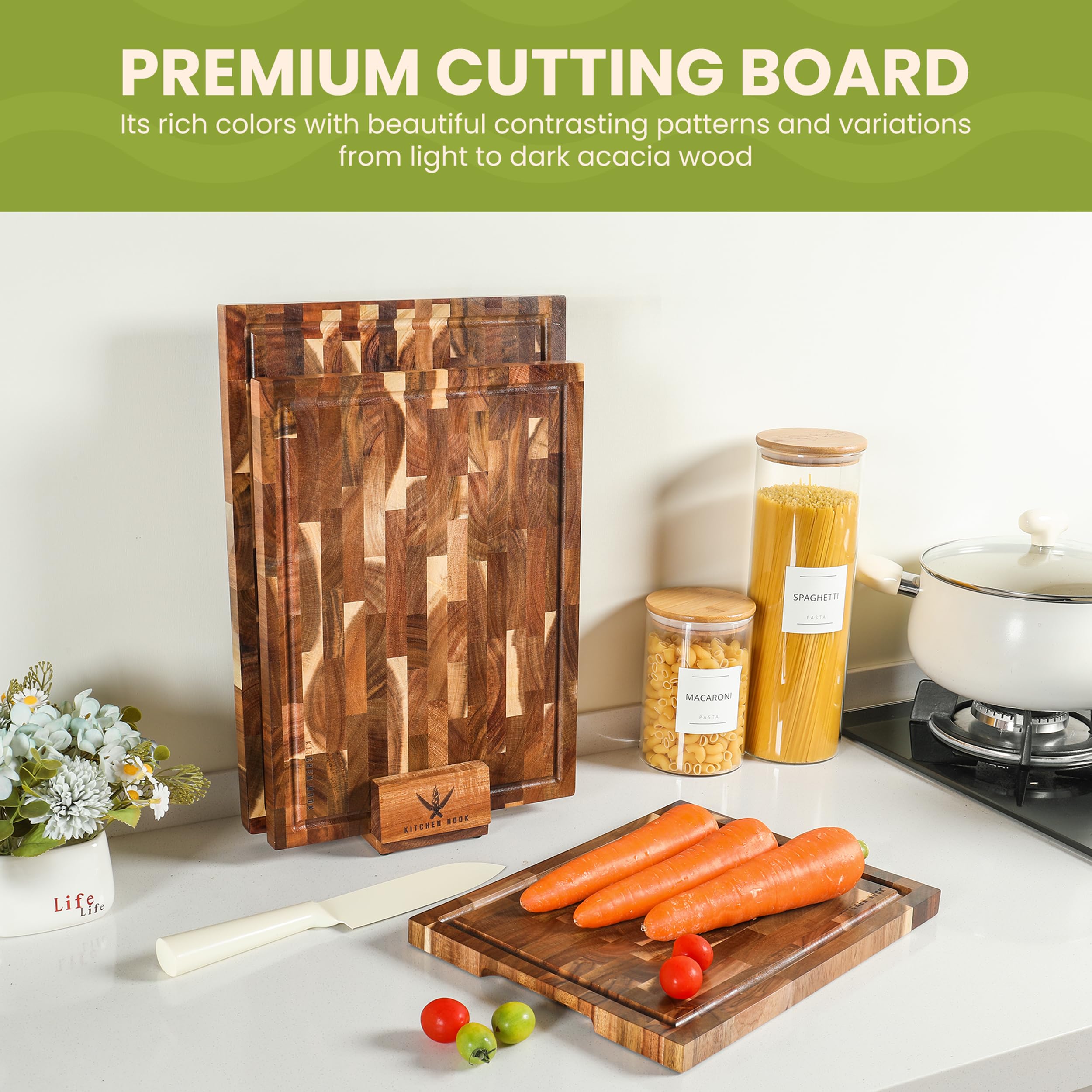 Kitchen Nook acacia cutting board stand makes storage and transfer simple.