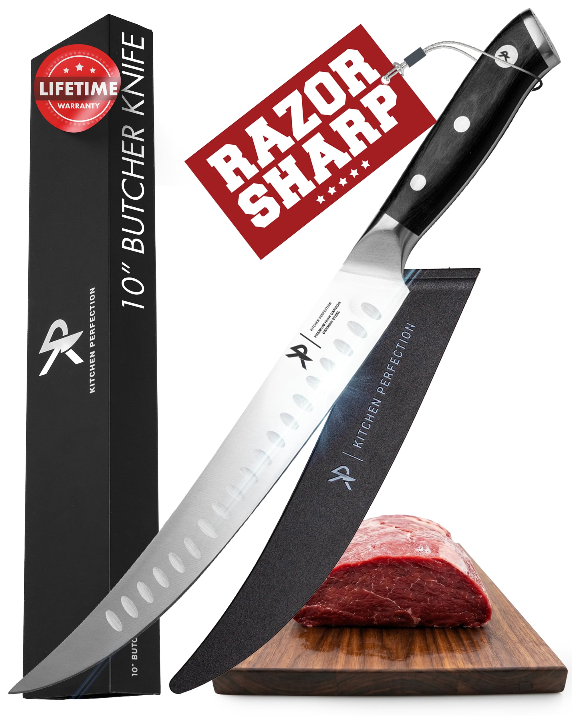 Kitchen Perfection 10-Inch Butcher Knife blade close-up for precise slicing.