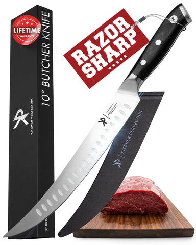 Kitchen Perfection 10-Inch Butcher Knife blade close-up for precise slicing.